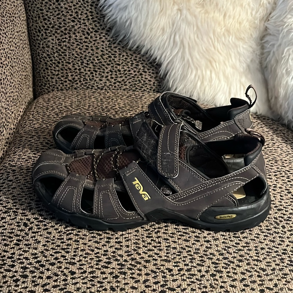 Men’s Teva brown sandals - no size marking, but I’d say 10-10.5